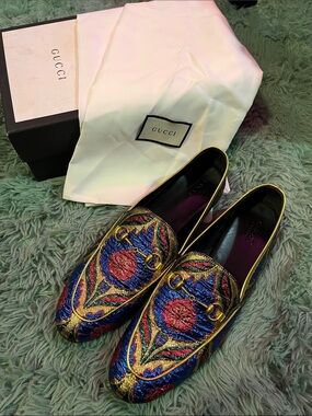 Gucci Multicolor Embroidered Gold-Trim Horsebit Loafers